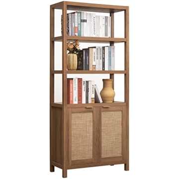 SICOTAS Bookshelf 5 Tier Rattan Boho Tall Bookcase with Doors Storage Wood Shelves Large Farmhouse B...