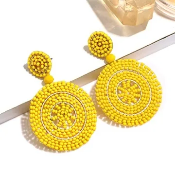 CEALXHENY Beaded Drop Earrings for Women Handmade Colorful Bead Earrings Bohemia Hoop Dangle Earrings (B Yellow)