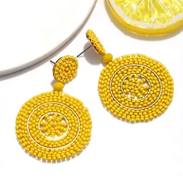 CEALXHENY Beaded Drop Earrings for Women Handmade Colorful Bead Earrings Bohemia Hoop Dangle Earrings (B Yellow)