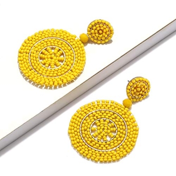 CEALXHENY Beaded Drop Earrings for Women Handmade Colorful Bead Earrings Bohemia Hoop Dangle Earrings (B Yellow)