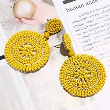 CEALXHENY Beaded Drop Earrings for Women Handmade Colorful Bead Earrings Bohemia Hoop Dangle Earrings (B Yellow)