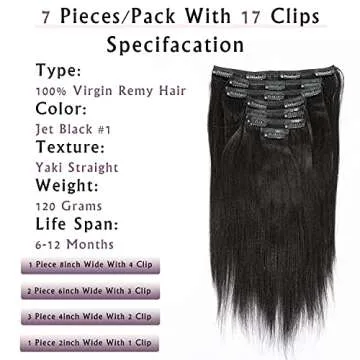 Anrosa Yaki Clip ins Hair Extensions Clip in Human Hair Jet Black #1 Yaki Straight Clip ins Real Rem...