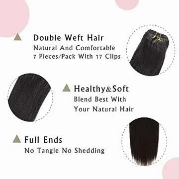 Anrosa Yaki Clip ins Hair Extensions Clip in Human Hair Jet Black #1 Yaki Straight Clip ins Real Remy Natural Quality for Black Women Thick 16 Inch 120 Gram 7 Pieces