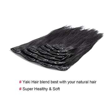 Anrosa Yaki Clip ins Hair Extensions Clip in Human Hair Jet Black #1 Yaki Straight Clip ins Real Remy Natural Quality for Black Women Thick 16 Inch 120 Gram 7 Pieces