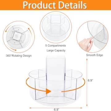 Flytreal Pencil Holder for Desk, 360-Degree Rotating Pen Marker Crayon Organizer, Spinning Acrylic Desk Pen Organizer Storage, 5 Slots Large Capcaity Caddy for Home Office School Kids Art Supplies