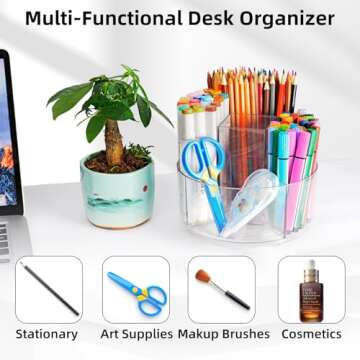 Flytreal Pencil Holder for Desk, 360-Degree Rotating Pen Marker Crayon Organizer, Spinning Acrylic Desk Pen Organizer Storage, 5 Slots Large Capcaity Caddy for Home Office School Kids Art Supplies
