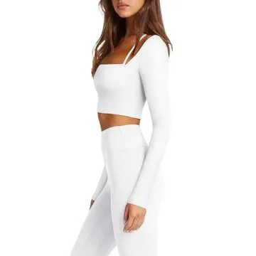 LASLULU Long Sleeve Workout Tops - Sexy Square Neck, Built in Bra (White, Medium)