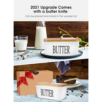 Butter Dish with Lid, Home Decor, Large Ceramic Butter Keeper Container with Knife