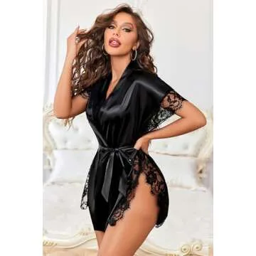 Avidlove Women Lingerie Robe Satin Sleepwear Eyelash Lace Kimono Side Split Sexy Silk Robes