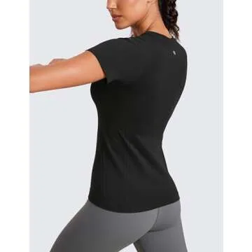CRZ YOGA Seamless Workout Tops for Women Short Sleeve Athletic Tees Breathable Gym Running Yoga Shirts Black Small