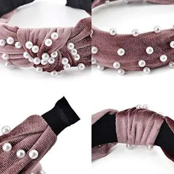 3 Pack Velvet Wide Headbands Knot Turban Headband Vintage Hairband with Faux Pearl Elastic Hair Hoops Fashion Hair Accessories for Women and Girls