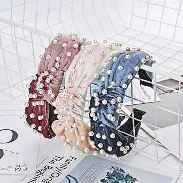 3 Pack Velvet Wide Headbands Knot Turban Headband Vintage Hairband with Faux Pearl Elastic Hair Hoops Fashion Hair Accessories for Women and Girls