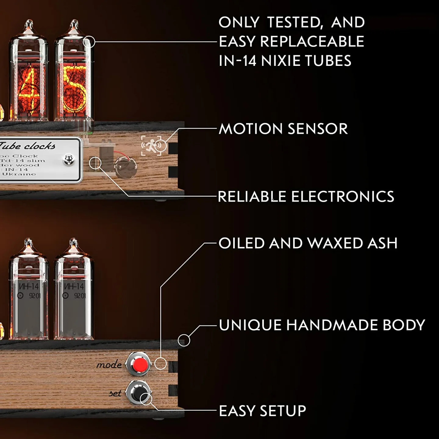 Nixie Tube Clock with Motion Sensor & Spare IN-14 Tube