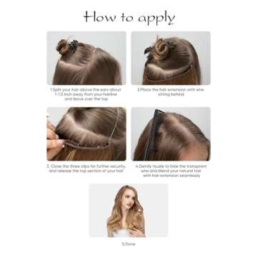 SARLA Ombre Invisible Wire Hair Extensions with 3 Clips Long Synthetic Wavy Curly Hairpiece Adjustable Transparent Headband for Women 18 Inch Brown to Ash Blonde