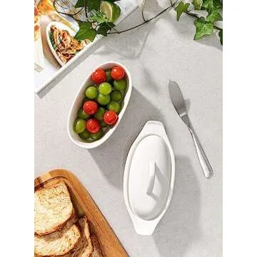 Butter Dish with Lid for Countertop - Porcelain White, 3pcs Large Butter Dish with Lid, Butter Keeper Container with Waterline Pefect for Daily Storage, Butter Holder with Handle - for Kitchen Decor