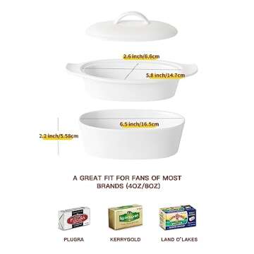 Butter Dish with Lid for Countertop - Porcelain White, 3pcs Large Butter Dish with Lid, Butter Keeper Container with Waterline Pefect for Daily Storage, Butter Holder with Handle - for Kitchen Decor