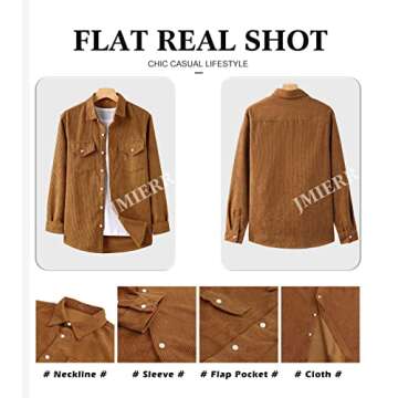 JMIERR Men's Tan Corduroy Button-Down Shirts Casual Long Sleeve Fall Fashion 2023 Shacket Jacket with Flap Pocket for Men Slim Fit, S, A1 Brown