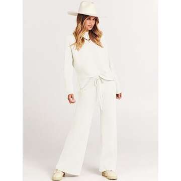 ANRABESS Women's Two Piece Outfits Crop Top Wide Leg Pants Cozy Knit Sweater Lounge Sets 2024 Fall Trendy Travel Clothes White Medium
