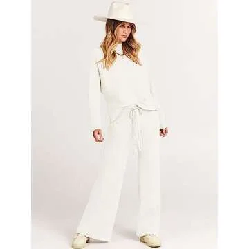 ANRABESS Women's Two Piece Outfits Crop Top Wide Leg Pants Cozy Knit Sweater Lounge Sets 2024 Fall Trendy Travel Clothes White Medium