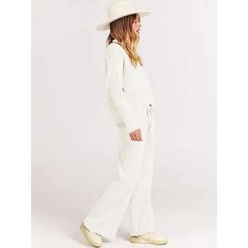 ANRABESS Women's Two Piece Outfits Crop Top Wide Leg Pants Cozy Knit Sweater Lounge Sets 2024 Fall Trendy Travel Clothes White Medium