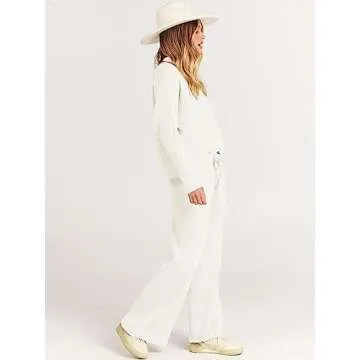 ANRABESS Women's Two Piece Outfits Crop Top Wide Leg Pants Cozy Knit Sweater Lounge Sets 2024 Fall Trendy Travel Clothes White Medium