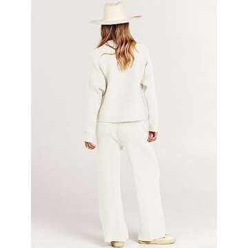 ANRABESS Women's Two Piece Outfits Crop Top Wide Leg Pants Cozy Knit Sweater Lounge Sets 2024 Fall Trendy Travel Clothes White Medium