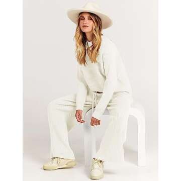 ANRABESS Women's Two Piece Outfits Crop Top Wide Leg Pants Cozy Knit Sweater Lounge Sets 2024 Fall Trendy Travel Clothes White Medium