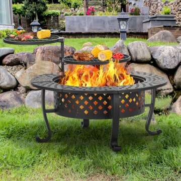 Panovue 42 Inch Fire Pit with 2 BBQ Grills, Wood Burning Fire Pits for Outside with Lid & Fire Poker...