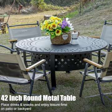 Panovue 42 Inch Fire Pit with 2 BBQ Grills, Wood Burning Fire Pits for Outside with Lid & Fire Poker, BBQ& Outdoor Firepit & Round Metal Table 3 in 1 for Patio, Picnic, Party