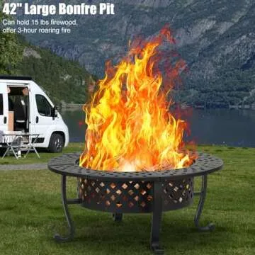 Panovue 42 Inch Fire Pit with 2 BBQ Grills, Wood Burning Fire Pits for Outside with Lid & Fire Poker, BBQ& Outdoor Firepit & Round Metal Table 3 in 1 for Patio, Picnic, Party
