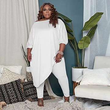 Huasemy Plus Size Outfits for Women,Plus Size Outfits 2 Piece,Tracksuits Long Sleeve Slant Shoulder Asymmetrica Tops Bodycon Pants Sweatsuit Sets