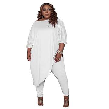 Huasemy Plus Size Outfits for Women,Plus Size Outfits 2 Piece,Tracksuits Long Sleeve Slant Shoulder Asymmetrica Tops Bodycon Pants Sweatsuit Sets