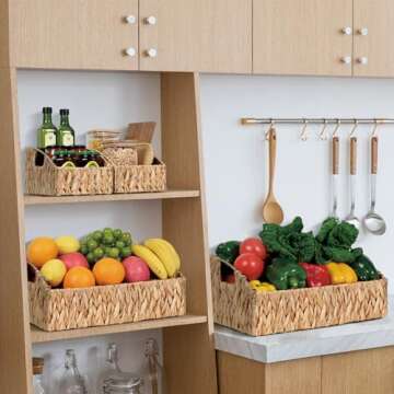 Ollieroo Natural Water Hyacinth Storage Baskets, Handwoven Wicker Storage Bins with Built-in Handles...