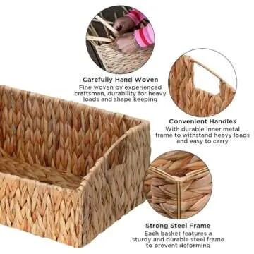 Ollieroo Natural Water Hyacinth Storage Baskets, Handwoven Wicker Storage Bins with Built-in Handles, Storage Container Baskets for Shelves, Bedroom, Bathroom, Laundry Room or Kitchen(Set of 3)