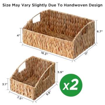 Ollieroo Natural Water Hyacinth Storage Baskets, Handwoven Wicker Storage Bins with Built-in Handles, Storage Container Baskets for Shelves, Bedroom, Bathroom, Laundry Room or Kitchen(Set of 3)