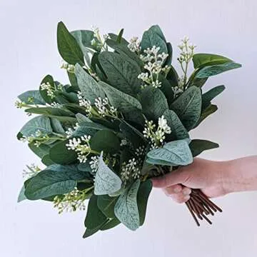18 Pcs Fake Eucalyptus Leaves Stems Bulk Artificial Oval Eucalyptus Leaves Branches with Seeds in Grey Green for Wedding Holiday Greenery Decoration Indoor Floral Vase Bouquet Centerpiece Arrangement