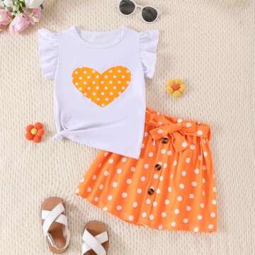 Ayzozuy Kids Girls Toddler Girls Clothing Heart Print T Shirt Top + Polka Dot Shorts with Belt Cute ...