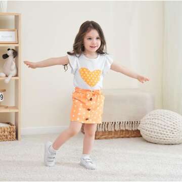 Ayzozuy Kids Girls Toddler Girls Clothing Heart Print T Shirt Top + Polka Dot Shorts with Belt Cute Skirts Summer Short Set(6-7T)