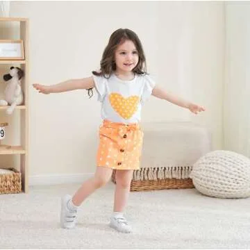 Ayzozuy Kids Girls Toddler Girls Clothing Heart Print T Shirt Top + Polka Dot Shorts with Belt Cute Skirts Summer Short Set(6-7T)