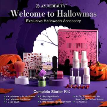 AZUREBEAUTY Halloween Dip Powder Nail Kit Starter Black Green Noctilucent Purple Red add 3D Nails Accessory Acrylic Dip Powder Liquid Set with Base/Top Coat Activator for Manicure Gift Box