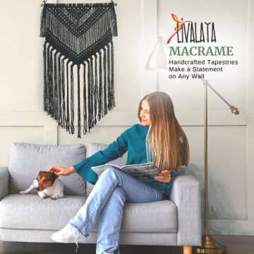 Livalaya Boho Black Macrame Woven Wall Hanging - Black 16 in x 36 in Modern Bohemian Tapestry wall A...
