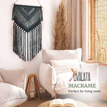 Livalaya Boho Black Macrame Woven Wall Hanging - Black 16 in x 36 in Modern Bohemian Tapestry wall Art Decor for House, Apartment, Dorm, Bedroom, Nursery, Party Decorations, Wedding, Wall Ornament