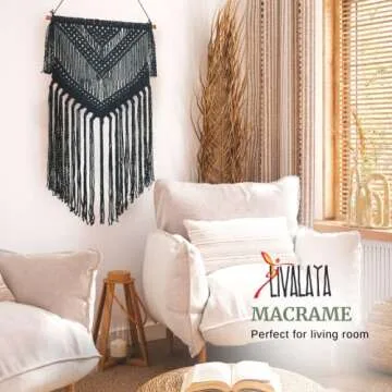 Livalaya Boho Black Macrame Woven Wall Hanging - Black 16 in x 36 in Modern Bohemian Tapestry wall Art Decor for House, Apartment, Dorm, Bedroom, Nursery, Party Decorations, Wedding, Wall Ornament