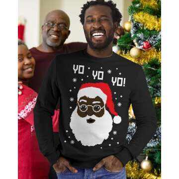Black Santa Claus Ugly Christmas Shirt for Men Tacky Sweater Style Xmas Holiday Mens Long Sleeve T-Shirt X-Large Black