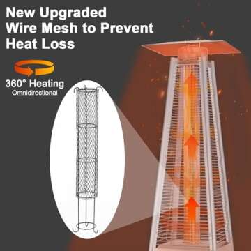 Hykolity 48000 BTU Pyramid Patio Heater, Glass Tube Propane Patio Heater with Wheels and Cover, Outdoor Propane Heaters for Backyard, Garden, Patio, Porch and Pool, Silver Grey