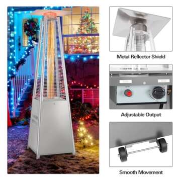 Hykolity 48000 BTU Pyramid Patio Heater, Glass Tube Propane Patio Heater with Wheels and Cover, Outdoor Propane Heaters for Backyard, Garden, Patio, Porch and Pool, Silver Grey