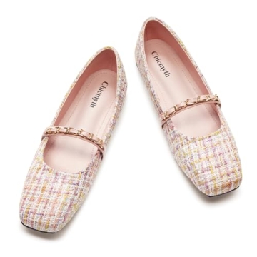 Chicmyth Mary Jane Flats;Square Toe Metal Chain Flats;Tweed Fabric Delicate and Elegant Women Shoes ...