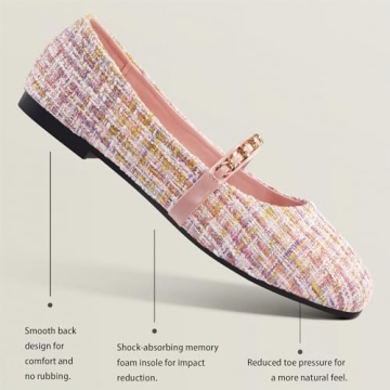 Chicmyth Mary Jane Flats;Square Toe Metal Chain Flats;Tweed Fabric Delicate and Elegant Women Shoes (US 9,Pink)
