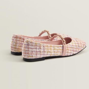 Chicmyth Mary Jane Flats;Square Toe Metal Chain Flats;Tweed Fabric Delicate and Elegant Women Shoes (US 9,Pink)