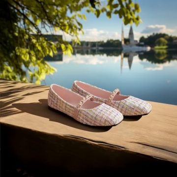 Chicmyth Mary Jane Flats;Square Toe Metal Chain Flats;Tweed Fabric Delicate and Elegant Women Shoes (US 9,Pink)